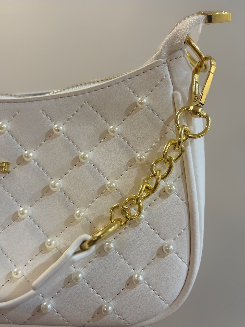 Coach White Quilted Pearl-Embellished Shoulder Bag with Gold Chain - Picture 3 of 6